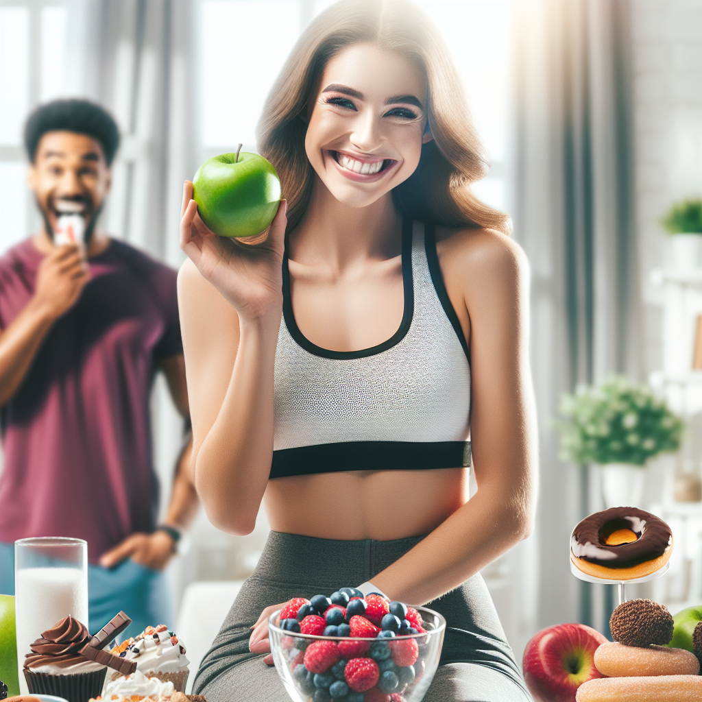A happy, energized person in comfortable sportswear, looking refreshed and confident, enjoying a healthy snack like a vibrant green apple or a bowl of fresh berries. In the background, subtly blurred and out of focus, are common sugary temptations like a donut, a candy bar, and a sugary soda bottle, symbolizing the choice to live 'without sugar'. The overall scene should convey health, vitality, and successful weight management through natural eating, with bright, inviting lighting and a clean aesthetic.