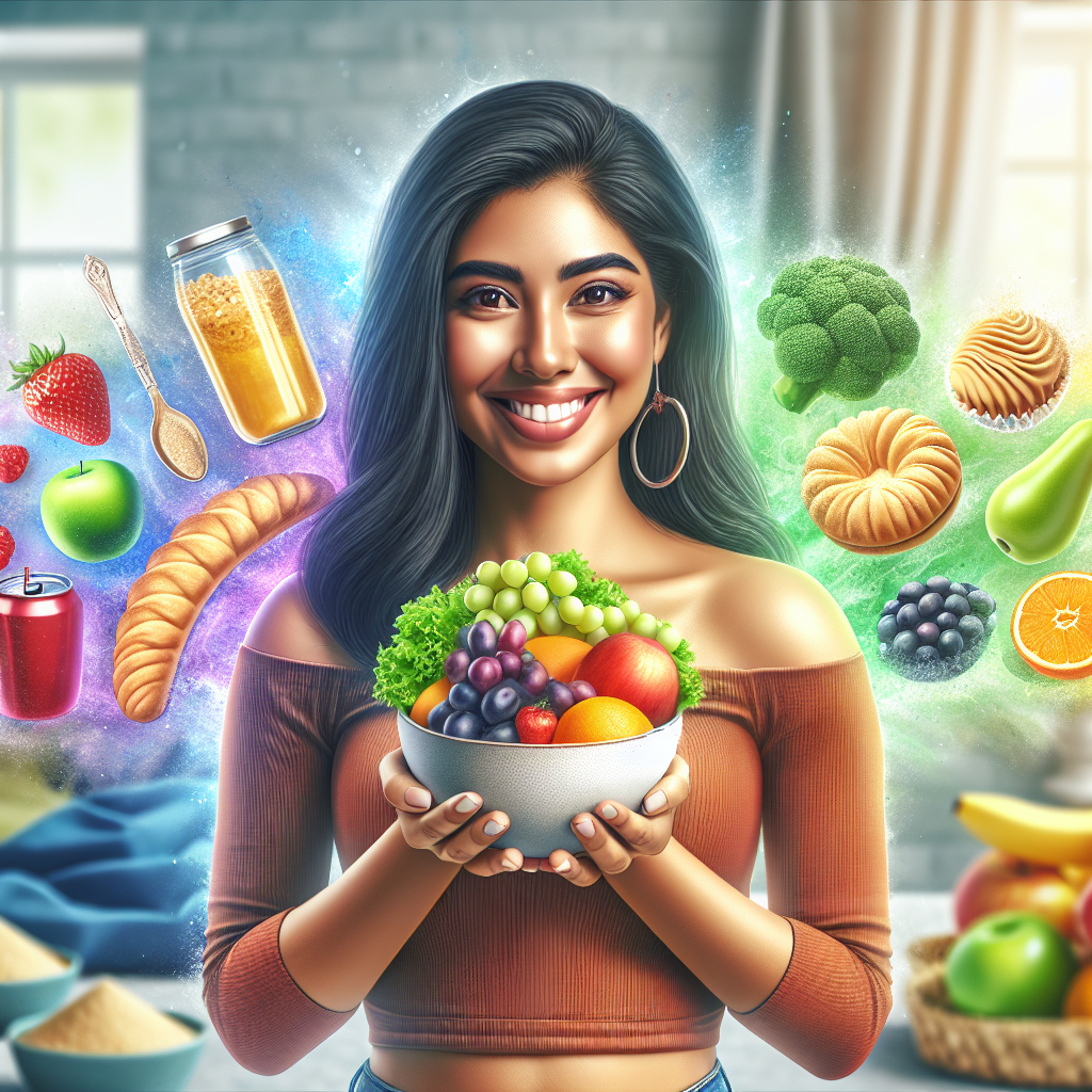 A vibrant, healthy-looking person, smiling confidently, holding a bowl of colorful fresh fruits and vegetables. In the background, blurred and receding into the distance, are various sugary processed foods like pastries and sodas, symbolizing being left behind. The setting is bright, clean, and optimistic, conveying a sense of energy and well-being from a sugar-free lifestyle. Digital art, clean lines, blog article style.