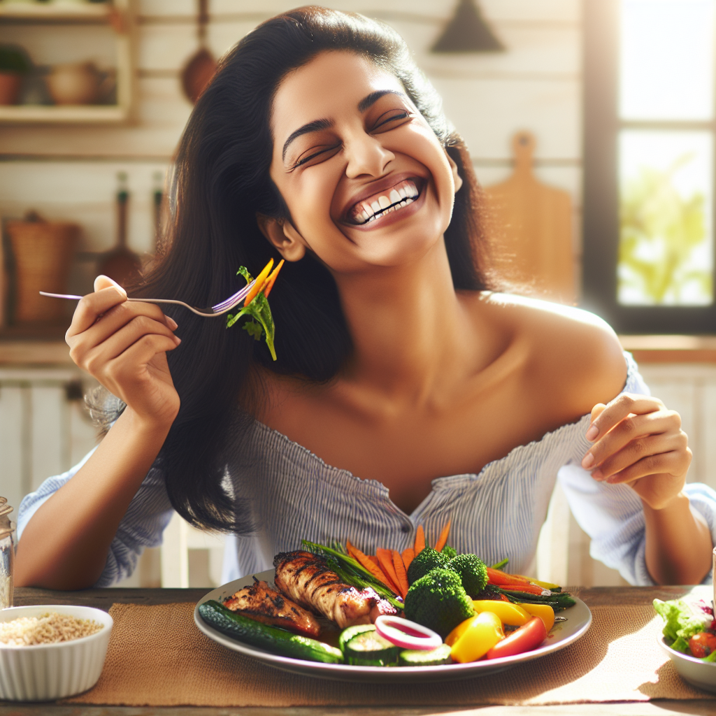 A joyful, healthy person with a radiant smile, sitting at a sunlit kitchen table, happily enjoying a beautifully plated, colorful and abundant meal. The plate is filled with fresh, vibrant vegetables, grilled lean protein, and wholesome grains. The person looks completely satisfied and content, embodying the feeling of being well-fed and nourished without deprivation. The background is bright and inviting, suggesting a comfortable home environment. The style is realistic and appealing, emphasizing well-being and deliciousness, with no hint of struggle or hunger.