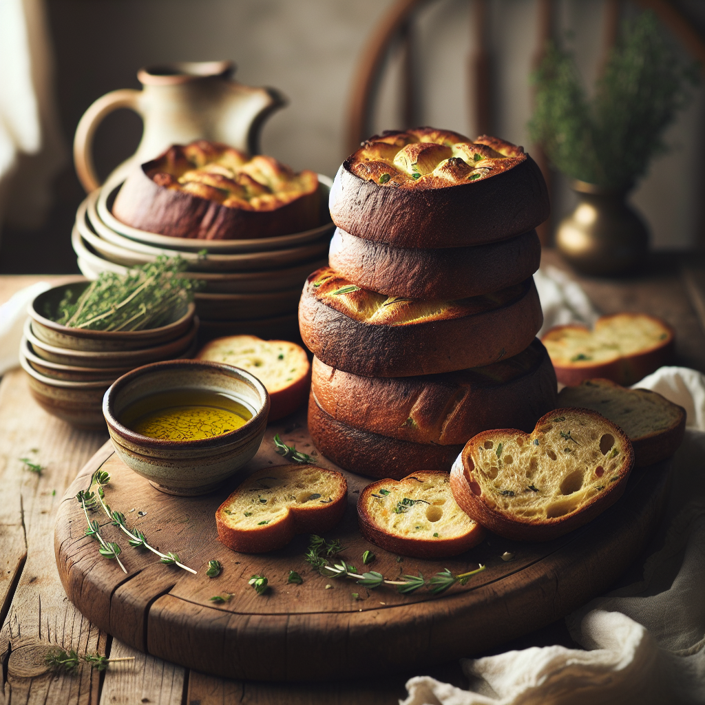 A stack of warm, golden-brown Pfannenbrot (pan bread) on a rustic wooden cutting board, with a few fresh green herbs scattered nearby and a small bowl of olive oil for dipping. The bread looks soft and inviting, with a slightly puffed texture. The background is a soft, cozy kitchen setting, conveying a sense of quick and easy home cooking. Soft natural light, high-quality food photography.