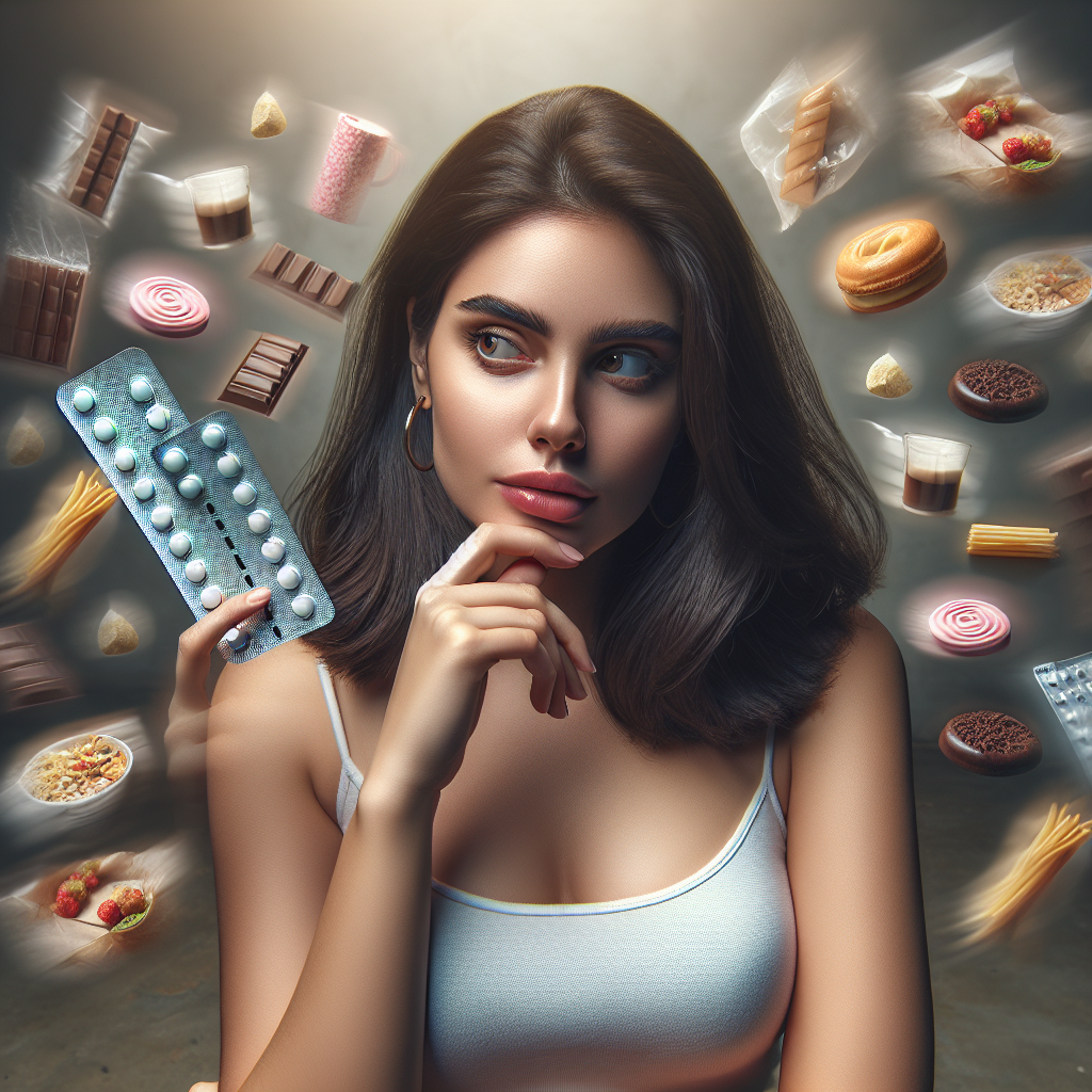 A young woman with a thoughtful, slightly conflicted expression, holding a blister pack of birth control pills in one hand. Surrounding her, subtly incorporated into the background or as ghostly apparitions, are various tempting junk foods like chocolate bars, pastries, and potato chips. The overall mood is one of internal struggle with cravings, linked to the pill. Soft, natural lighting. Realistic style.