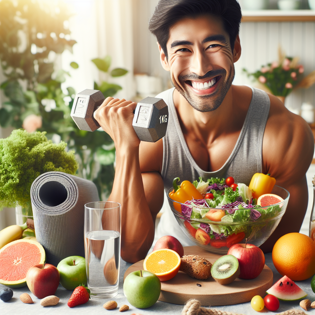 A smiling, healthy person holding a 1kg weight, surrounded by a vibrant display of fresh, colorful healthy foods (like a bowl of salad, fruits, and a glass of water) on a clean kitchen counter. In the soft background, there are subtle hints of an active lifestyle, such as a yoga mat or running shoes. The overall aesthetic is bright, optimistic, and inviting, symbolizing sustainable weekly weight loss and well-being without hunger.