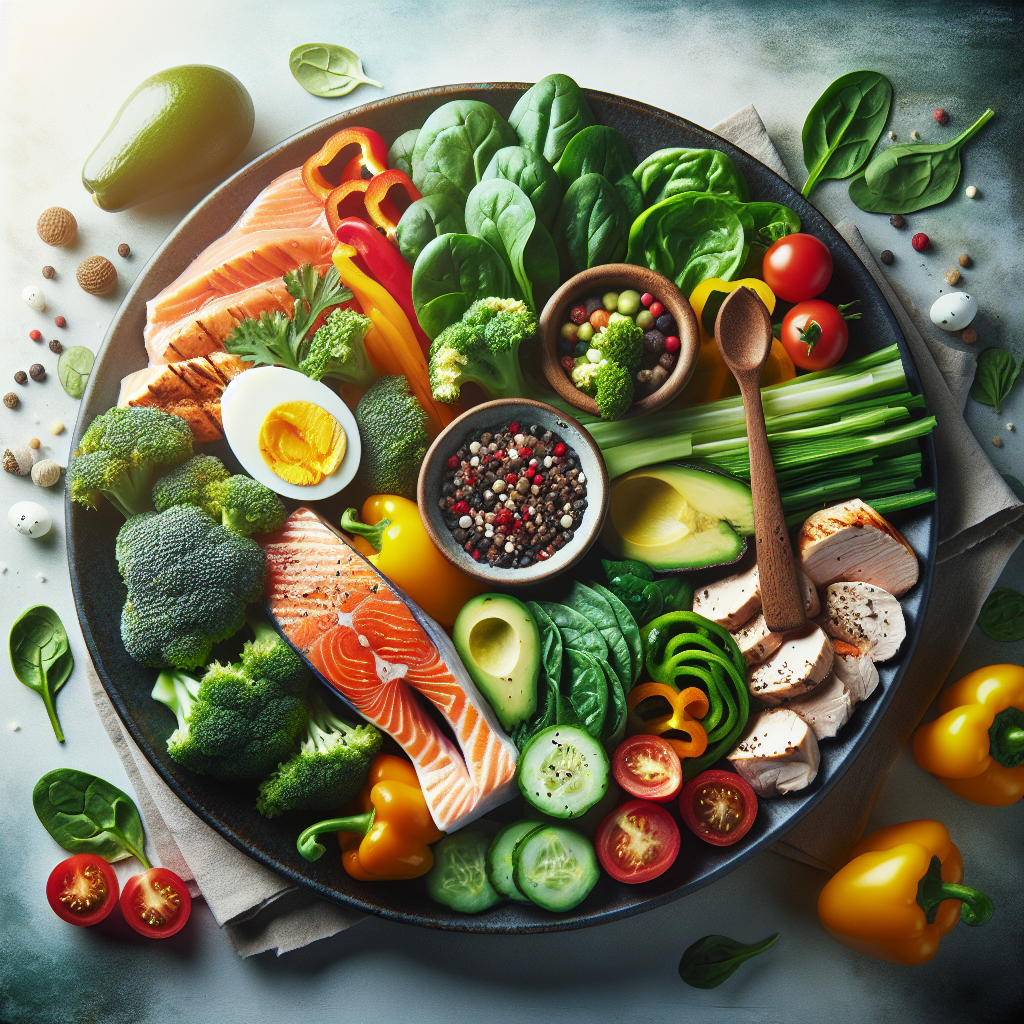 A vibrant, aesthetically pleasing plate showcasing an abundance of lean protein sources like grilled salmon, chicken breast, and eggs, alongside colorful, fresh low-carb vegetables such as spinach, broccoli, and bell peppers. Healthy fats like avocado slices are also present. Conspicuously absent are typical high-carbohydrate foods like bread, pasta, or rice. The setting is bright and clean, conveying health, satiety, and the promise of effective weight loss. Realistic food photography style.