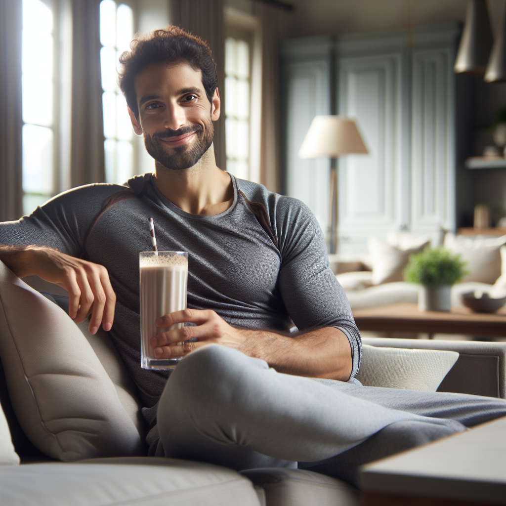 A content person, smiling softly and looking healthy, is comfortably relaxing on a modern sofa in a bright, inviting living room, holding a stylish protein shake in a glass. There is no sports equipment or gym setting visible. The atmosphere conveys effortless well-being and satisfaction without strenuous activity, highlighting weight management in a relaxed home environment. Soft, natural lighting.