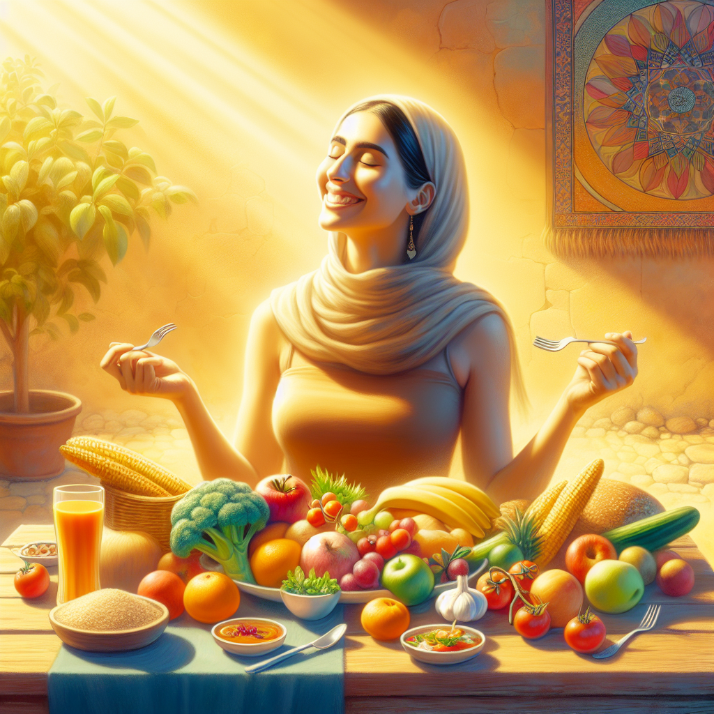 A happy, healthy person with a peaceful expression, enjoying a vibrant and colorful meal featuring fresh fruits, vegetables, and whole grains on a sunlit table. The scene evokes mindful eating, sustainable well-being, and a relaxed, joyful approach to healthy living, without any signs of deprivation or dieting.