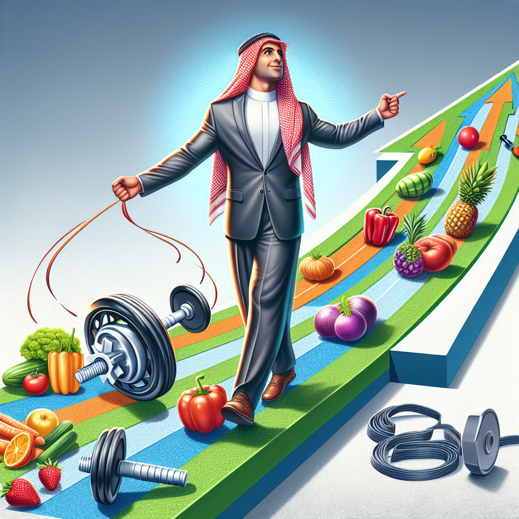 A person with a healthy, fit physique, confidently stepping onto a stable, upward path. The path is subtly integrated with elements of fresh produce and exercise equipment, symbolizing sustainable healthy habits. A broken or still yo-yo lies discarded on the side, representing the successful avoidance of the weight cycling (yo-yo effect). Bright, encouraging, and clean art style.