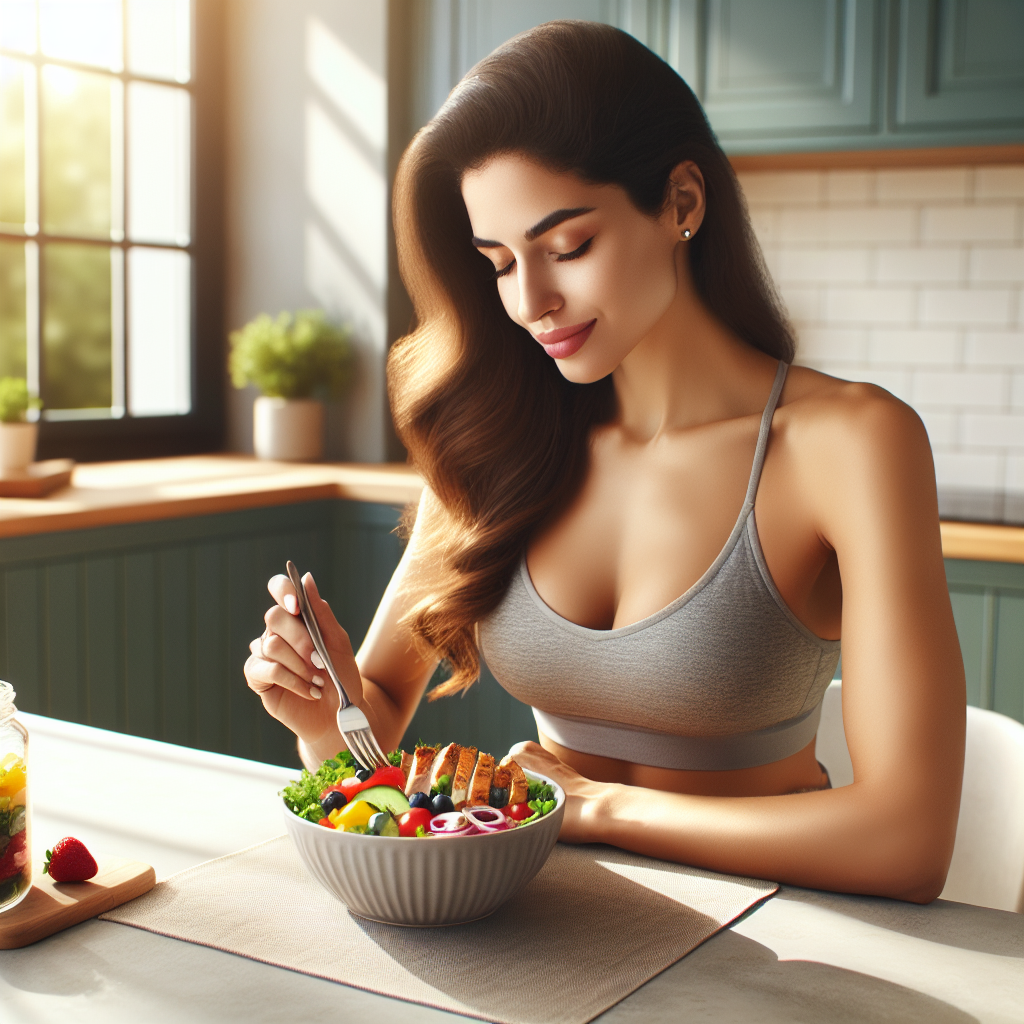 A person is calmly and happily enjoying a delicious, colorful, healthy meal (e.g., a vibrant salad with grilled chicken, fresh vegetables, and berries) at a clean, modern kitchen table. No sports equipment or athletic wear is visible in the frame. The scene emphasizes mindful eating, wellness, and sustainable weight loss through nutrition. Soft, natural light, inviting atmosphere, realistic photography style.