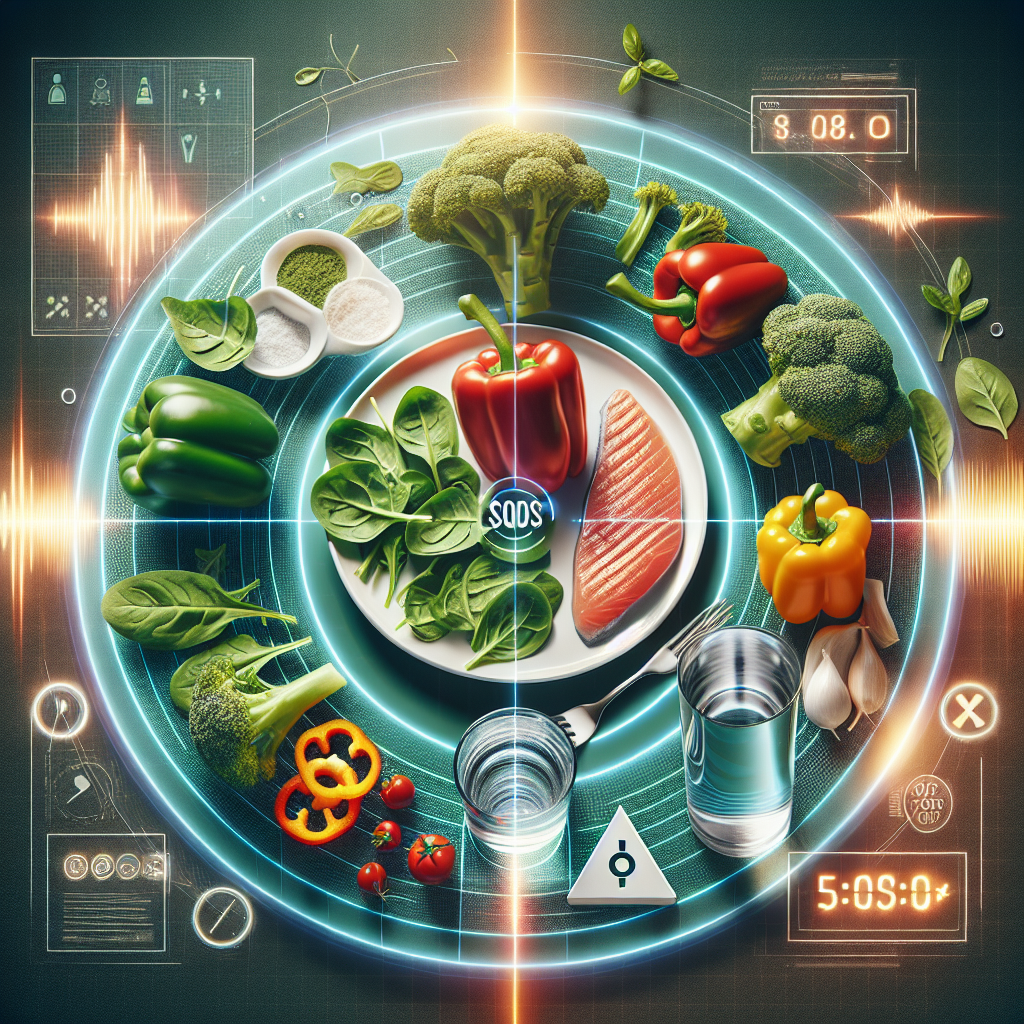 A vibrant, eye-catching visual metaphor for an 'SOS Diet' (emergency diet) for quick weight loss. The central focus is a dynamic composition featuring fresh, crisp vegetables (like bell peppers, broccoli, spinach), lean protein (a small piece of grilled fish or chicken breast), and a clear glass of water. Around these elements, subtle graphic cues suggest urgency and transformation: a discreet, modern 'SOS' symbol integrated into the background, and perhaps a subtle abstract countdown element. The overall mood should be positive, energetic, and convey healthy, rapid preparation for a special event. Clean, minimalist aesthetic with bright, natural lighting.