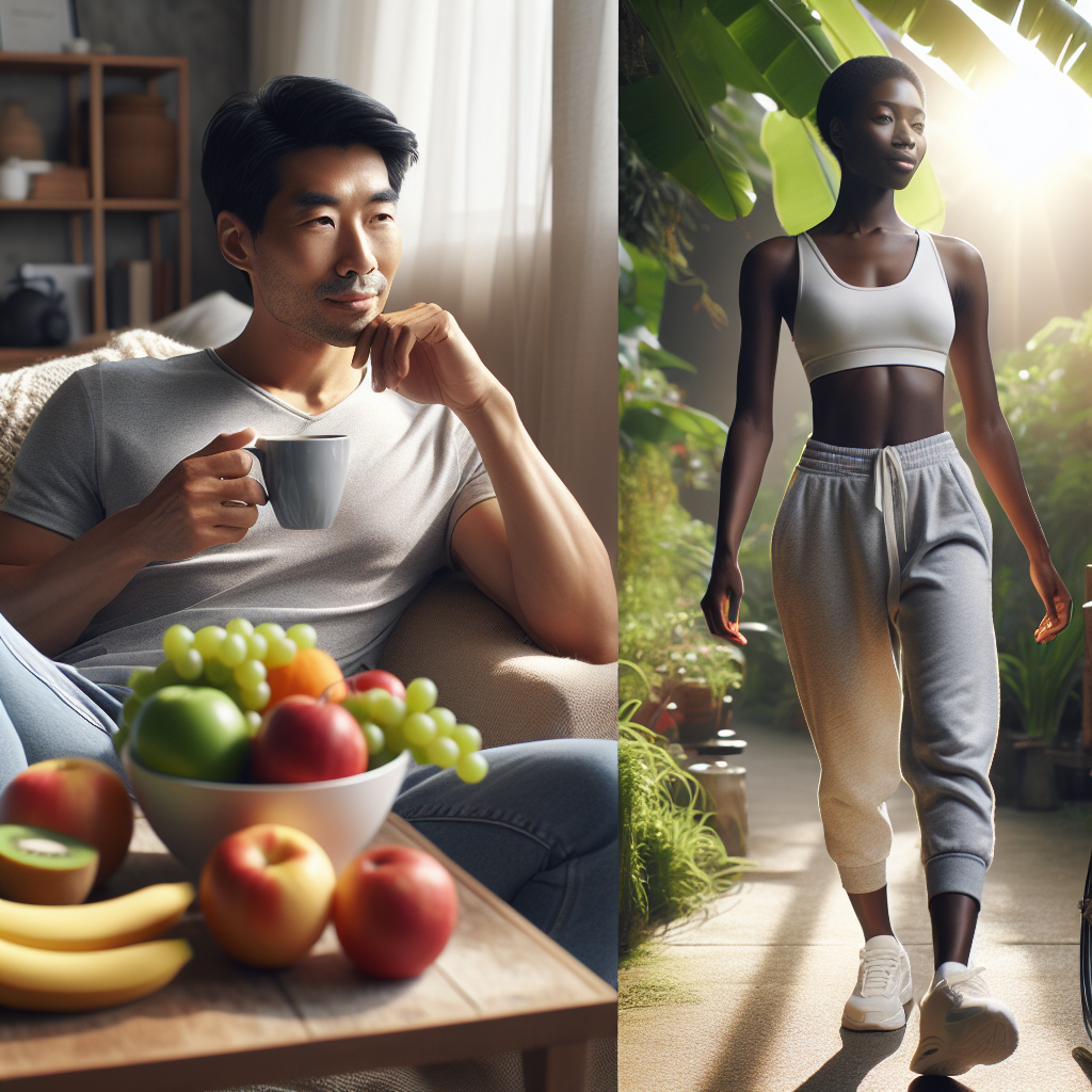 A person looking healthy, fit, and relaxed, dressed in casual everyday clothes, enjoying a peaceful moment at home with a cup of tea and a bowl of fresh fruit, or taking a gentle stroll in a bright, green park. The image should convey a sense of effortless well-being and a sustainable, non-strenuous healthy lifestyle, explicitly without any athletic equipment, gym setting, or overt signs of traditional exercise. Emphasize a calm, natural, and attainable approach to fitness with soft, inviting light.