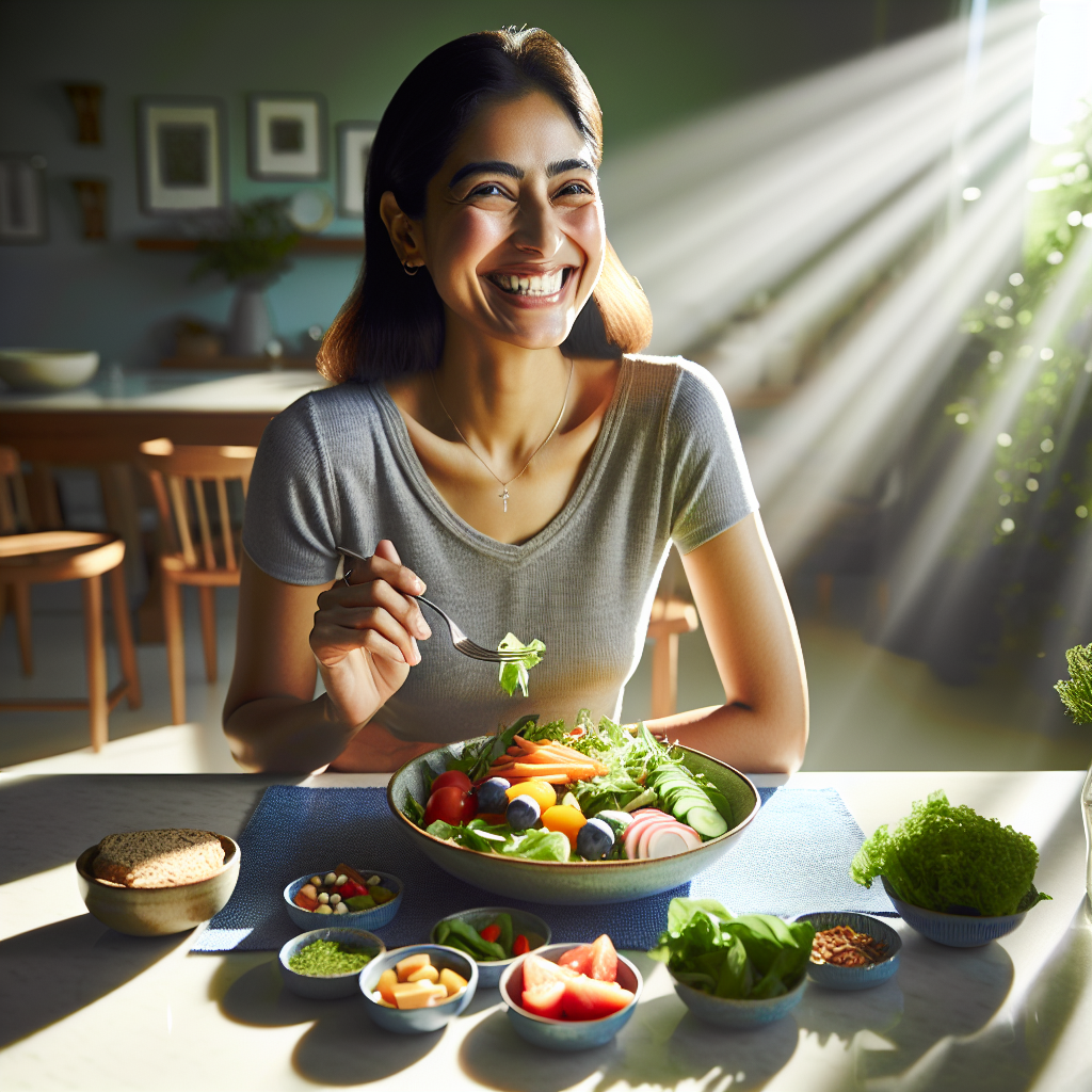 A person with a genuine, happy smile is mindfully enjoying a vibrantly colorful and healthy meal (like a fresh salad with various vegetables, fruits, and lean protein) at a bright, clean dining table. Sunlight streams in, highlighting the textures of the food. The atmosphere is calm and inviting, conveying a sense of satisfaction and well-being without any hint of restriction or dieting. The focus is on the pleasure of nourishing the body. Realistic, photographic style.