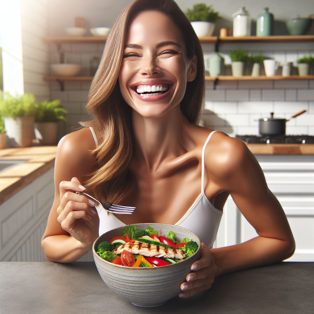 A joyful, fit woman smiling while savoring a vibrant, healthy meal, like a colorful salad bowl with grilled chicken and fresh vegetables, at a modern kitchen table. She looks completely satisfied and energetic, embodying 'eating without hunger' and 'no deprivation'. The scene is bright, optimistic, and emphasizes healthy living without sacrifice. High quality, realistic, natural lighting.