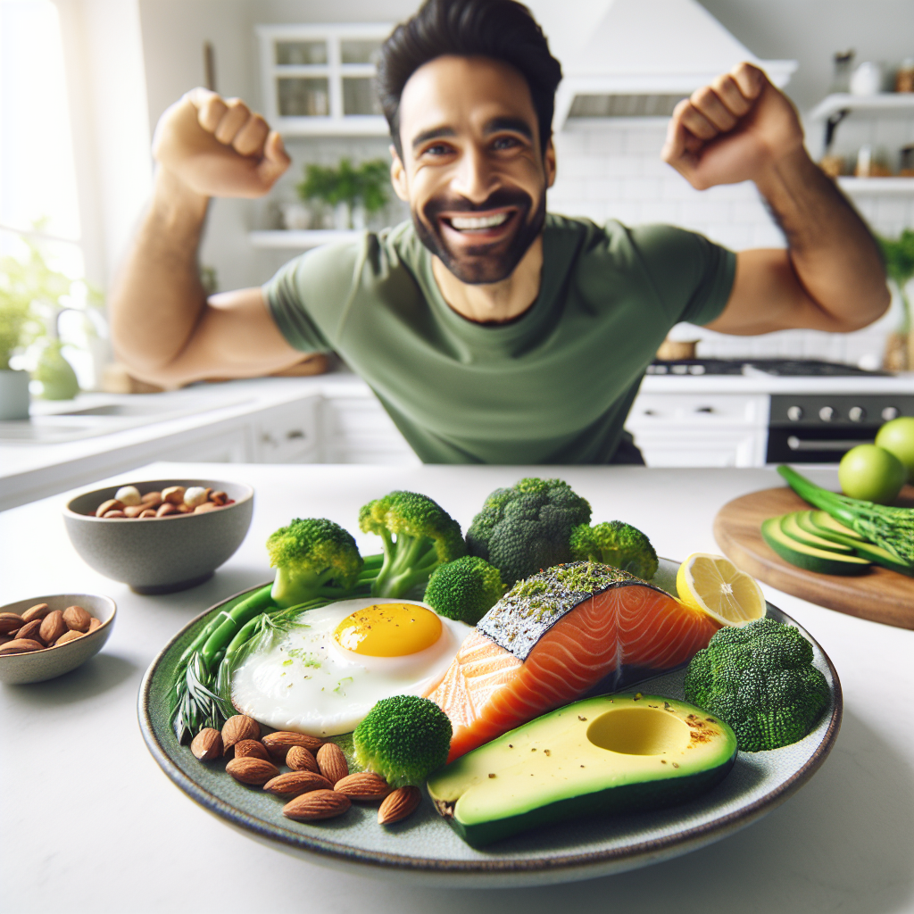A vibrant and appetizing flat lay photograph of a healthy low-carb meal. The plate features grilled salmon, a perfectly cooked egg, fresh green avocado slices, vibrant broccoli florets, and a sprinkle of nuts. In the background, out of focus, a person is smiling and stretching, symbolizing vitality and successful weight loss. The setting is a bright, clean kitchen with natural light, emphasizing freshness and energy.