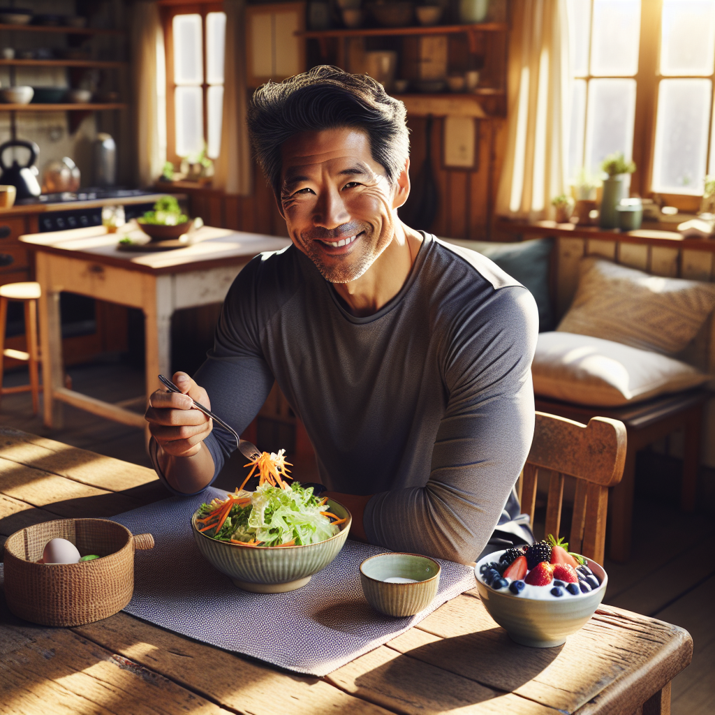A person smiling contentedly while enjoying a delicious and healthy meal (e.g., a vibrant salad or a bowl of fresh fruit with yogurt) in a bright, cozy home environment, without any sports equipment visible. The image should convey a sense of ease, well-being, and mindful eating, with warm, inviting colors and a realistic style.