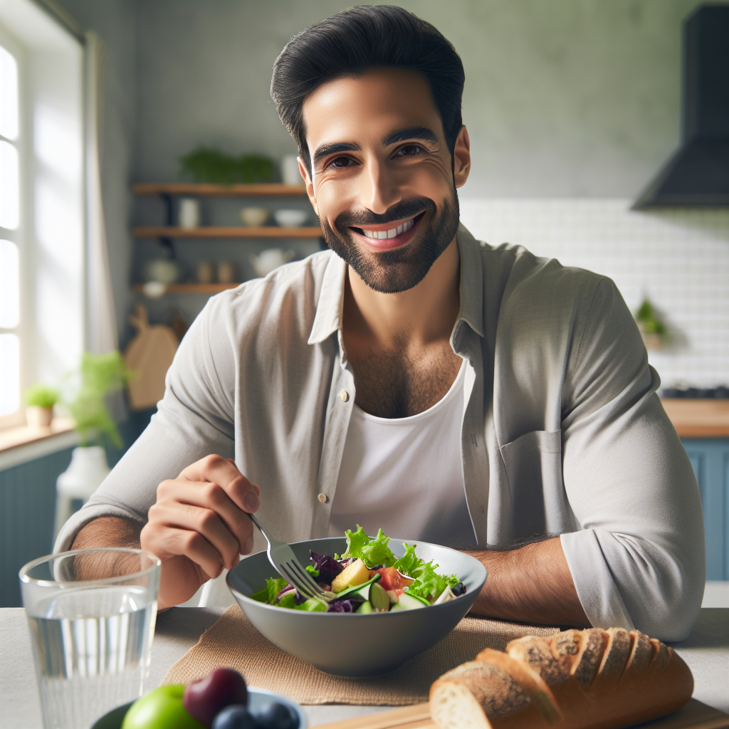 A smiling, confident person in comfortable clothes, sitting at a clean, bright kitchen table, enjoying a visually appealing, healthy and satisfying meal (e.g., a colorful salad, whole grain bread, fresh fruit, water). The setting is a cozy, modern home, emphasizing a focus on mindful eating and a healthy lifestyle achieved without strenuous exercise. Soft, natural lighting, realistic style.