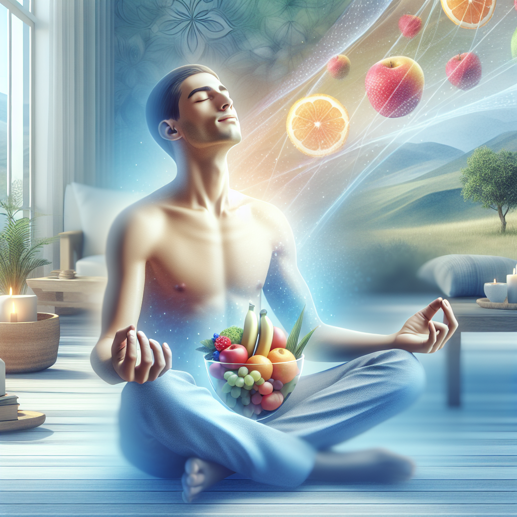 A peaceful and confident person, appearing naturally slim and healthy, is enjoying a serene moment. They might be gently stretching or having a mindful snack (e.g., a colorful fruit bowl) in a light-filled, calm home environment or a tranquil outdoor setting. The expression is one of calm joy and relaxation, free from any visible stress or effort. The overall image radiates well-being, sustainability, and effortless healthy living.
