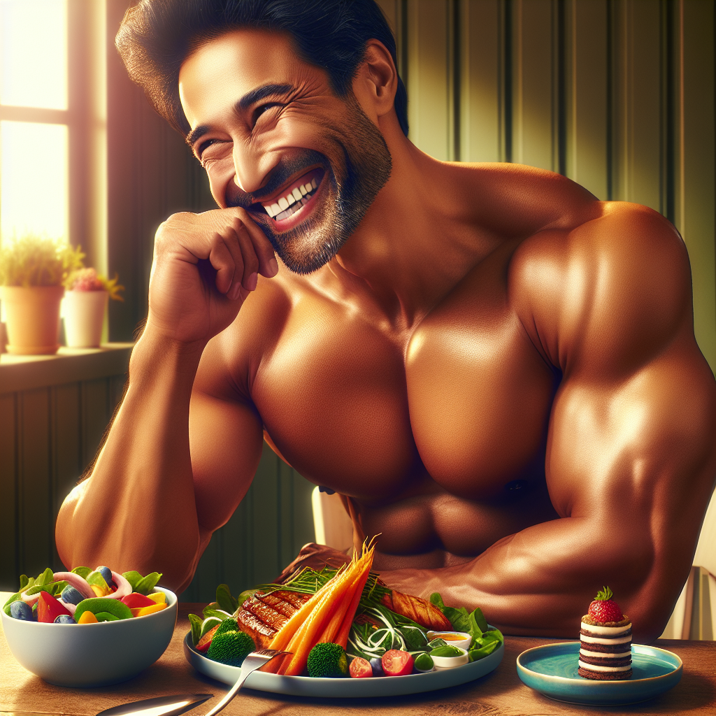 A joyful person smiling genuinely, enjoying a beautifully arranged plate of diverse, delicious-looking food – a colorful salad, a savory main course, and a small, appealing treat. The scene is bright and inviting, emphasizing pleasure and abundance over restriction. The person looks content and healthy, suggesting 'slim without sacrifice'. Realistic photo style.