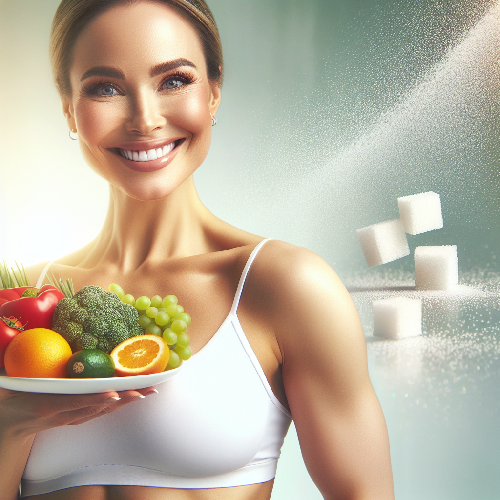A joyful and confident woman with a fit physique, smiling broadly as she holds a plate full of vibrant, fresh fruits and vegetables. In the background, there's a subtly blurred silhouette of a sugar cube dissolving, symbolizing a successful and effortless transition to a sugar-free lifestyle for weight loss. The lighting is bright and optimistic, emphasizing health and well-being. Modern, clean aesthetic.