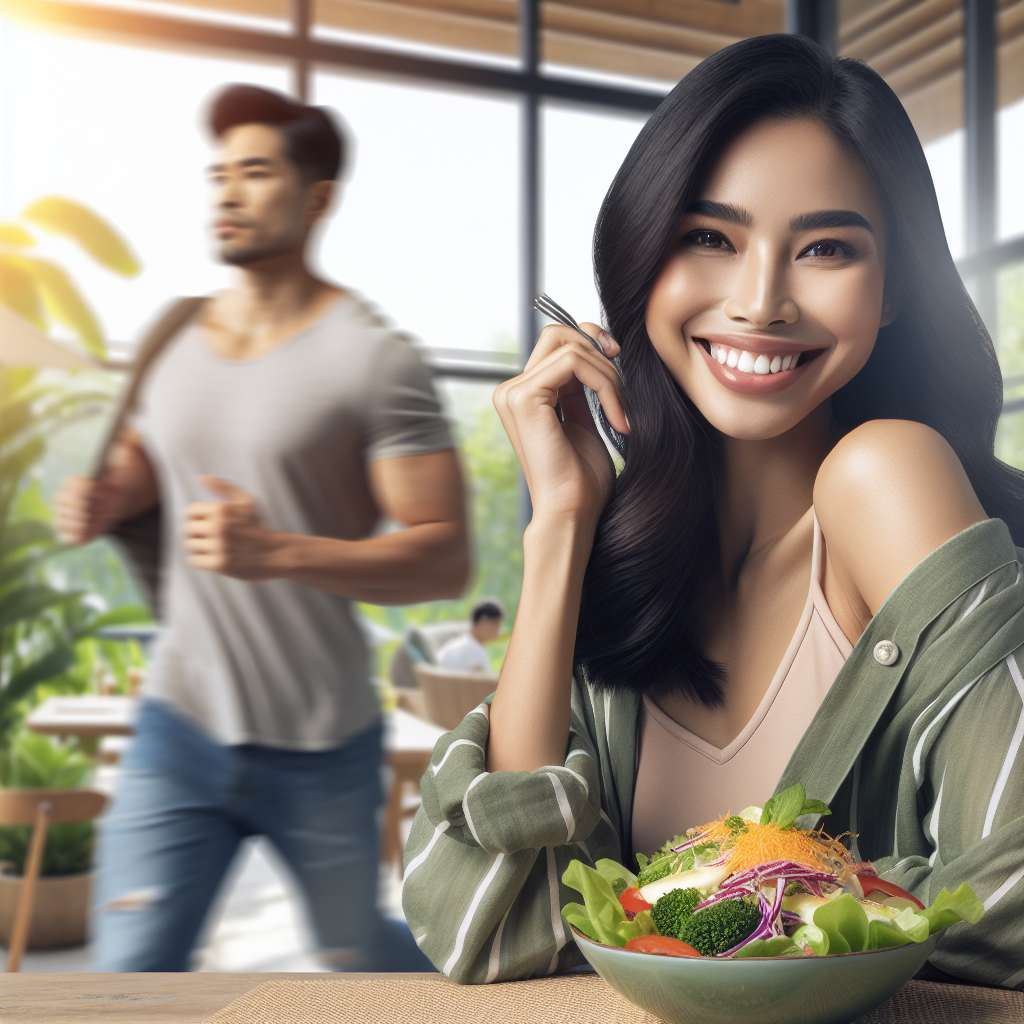A radiant and energetic person, smiling genuinely, casually enjoying a delicious, wholesome meal (like a colorful salad or a smoothie bowl) in a bright, natural setting. Subtle elements of gentle movement, such as walking in the background or stretching, suggest an active, balanced lifestyle, not a strenuous diet. The atmosphere is joyful, effortless, and promotes sustainable well-being without restriction. Realistic photo.