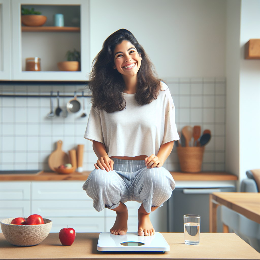 A radiant, happy person, possibly a young woman, casually stepping onto a digital scale that displays a noticeable weight loss. She is wearing comfortable, everyday clothes and is in a bright, clean home kitchen or living room, perhaps holding a glass of water or a fresh apple. The scene emphasizes ease, healthy lifestyle, and successful weight management achieved without any visible sports equipment or gym setting. Photo-realistic, bright and optimistic mood.