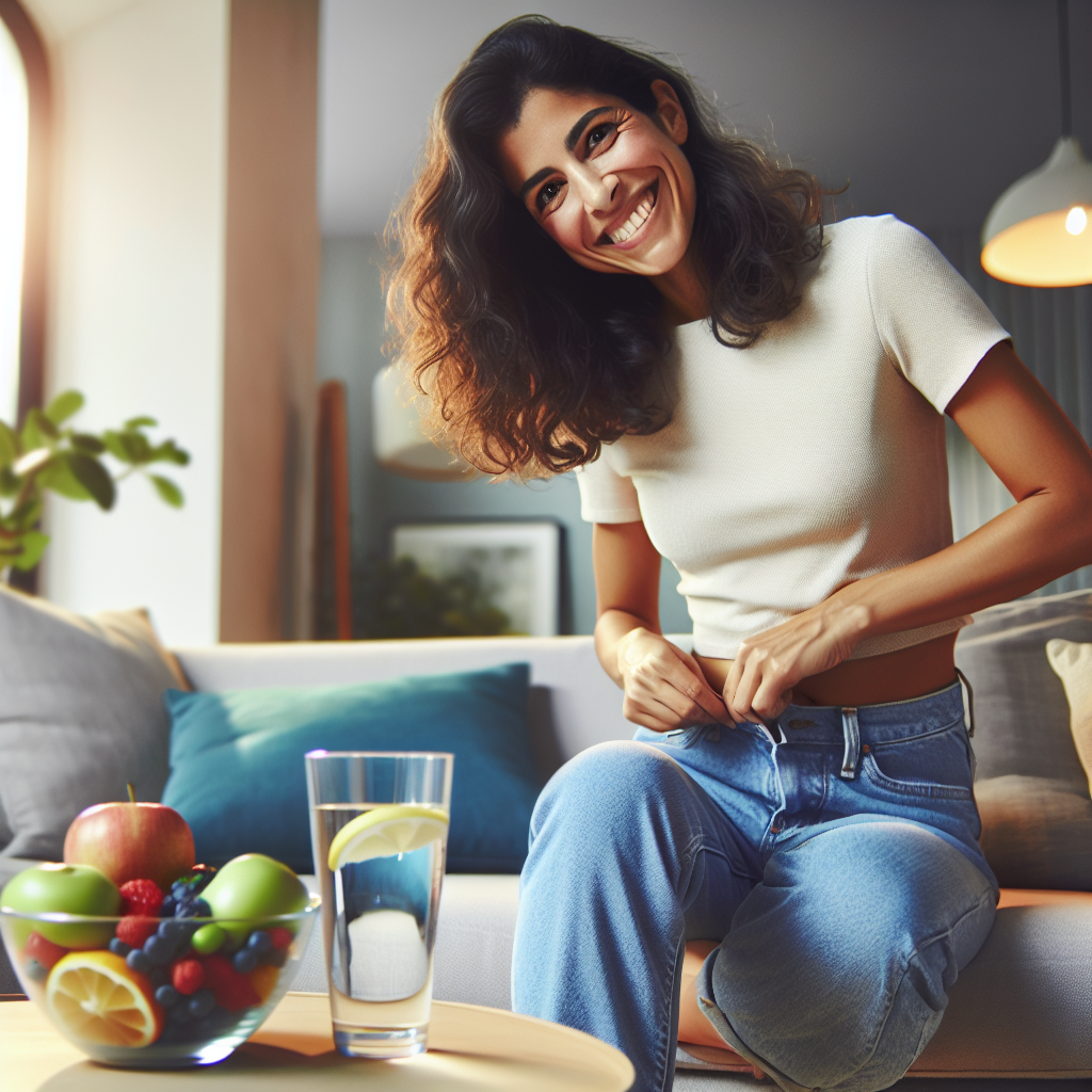 A happy and confident woman in her early 30s, casually dressed, standing in a bright, modern living room. She is easily zipping up a pair of slightly loose-fitting blue jeans, smiling subtly. On a small coffee table nearby, there's a clear glass of water with a lemon slice and a bowl of fresh, colorful fruit (like berries and apple slices). The overall atmosphere is calm and relaxed, emphasizing a sense of ease and well-being, with no exercise equipment visible. The lighting is soft and natural, creating a pleasant and encouraging mood.