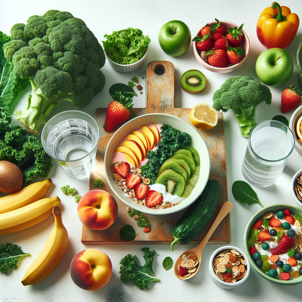 A vibrant and clean flat lay image featuring a variety of healthy, fresh foods like colorful fruits, green vegetables, a glass of water, and a small, balanced breakfast bowl. The scene is set on a bright kitchen counter or table, emphasizing ease and everyday healthy eating for weight loss, with no sports equipment visible. The overall mood is positive, accessible, and inviting, suggesting simple lifestyle changes.
