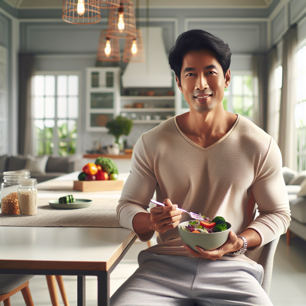 A person in comfortable everyday clothing, looking healthy and content, enjoying a light and healthy meal like a salad or a small portion of lean protein with vegetables, in a clean, bright home kitchen or dining area. The scene conveys a sense of calm, sustainable healthy living and effortless weight management, without any indication of strenuous physical activity or a gym setting. Focus on a realistic, inviting atmosphere, photorealistic style.