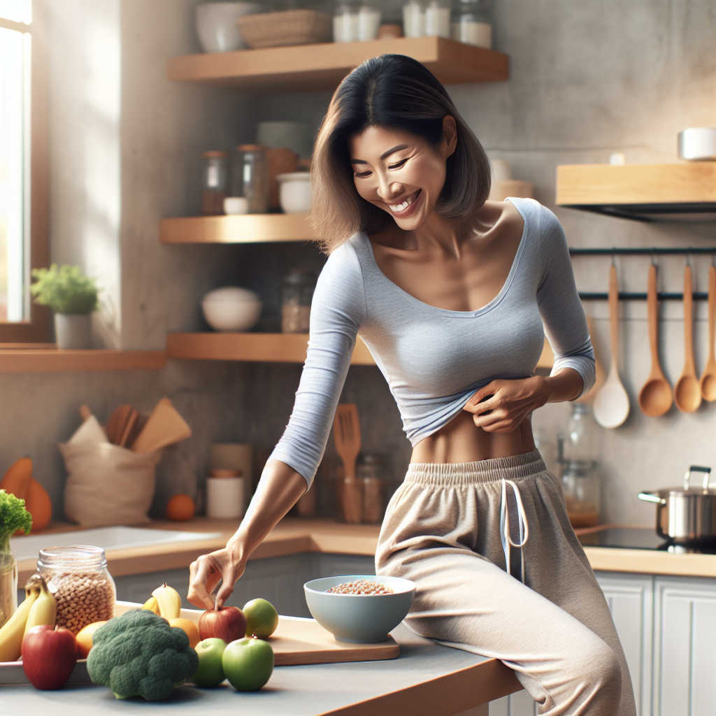 A happy and relaxed person, subtly showing a flatter stomach in comfortable casual clothing, standing in a bright, modern kitchen. They are smiling while reaching for healthy ingredients like fresh fruits and vegetables on a counter. The atmosphere is calm and peaceful, emphasizing a lifestyle focused on nutrition and well-being, without any gym equipment or signs of strenuous exercise. Soft, natural lighting. Realistic photo style.