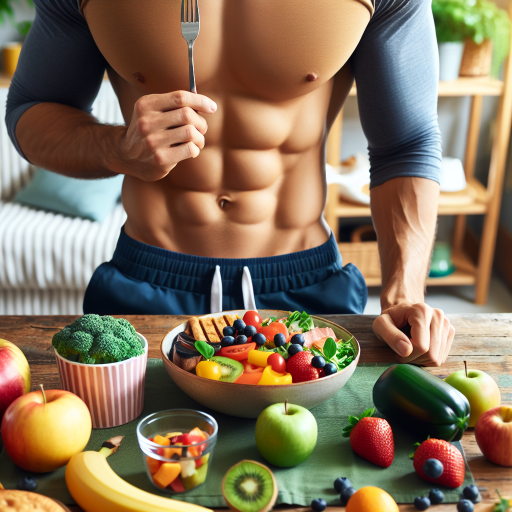 A person with a subtly flatter stomach and healthy, relaxed appearance, enjoying a delicious and vibrant meal composed of fresh fruits, vegetables, and lean protein at a bright, inviting kitchen table. No sports equipment or activewear is visible, emphasizing a lifestyle focused on nutrition and well-being rather than strenuous exercise. The mood is positive and achievable.