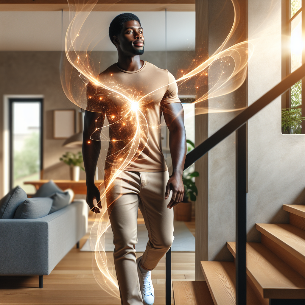 A person looking healthy and confident, wearing casual everyday clothes, lightly ascending stairs in a bright, modern home or office. A subtle, elegant visual metaphor of energy or metabolism (e.g., gentle shimmering light, abstract glowing lines) emanates from them. The image emphasizes effortless, integrated activity and a non-gym setting, conveying a sense of easily achieved well-being. Realistic photo style with warm, inviting lighting.