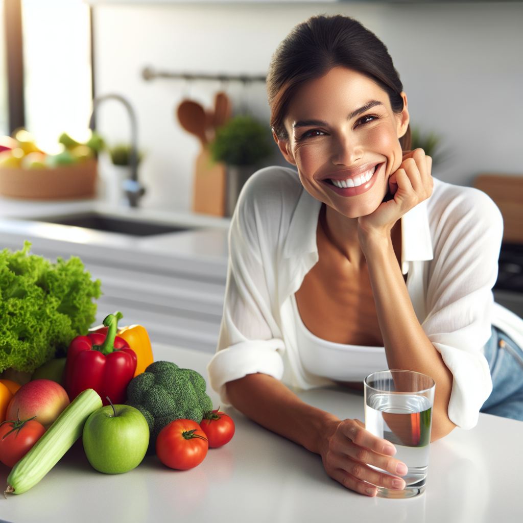 A cheerful person, relaxed and comfortable in a bright, modern home kitchen. They are smiling, perhaps holding a glass of water or a healthy snack like an apple. On the counter, there are vibrant, fresh vegetables and fruits. The scene conveys ease, health, and well-being, suggesting a healthy lifestyle achieved without strenuous exercise. The overall aesthetic is clean, inviting, and naturally lit, a realistic photograph.