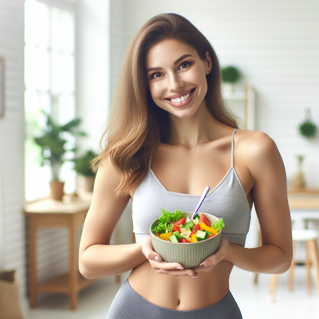 A smiling, confident woman, looking visibly healthy and toned, stands in a bright, inviting home environment. She is casually dressed, holding a bowl of fresh, colorful salad. The overall mood is positive and relaxed, emphasizing wellness and weight loss achieved through lifestyle changes, not exercise. No gym equipment or workout attire is visible. Realistic style, soft natural lighting, aspirational.