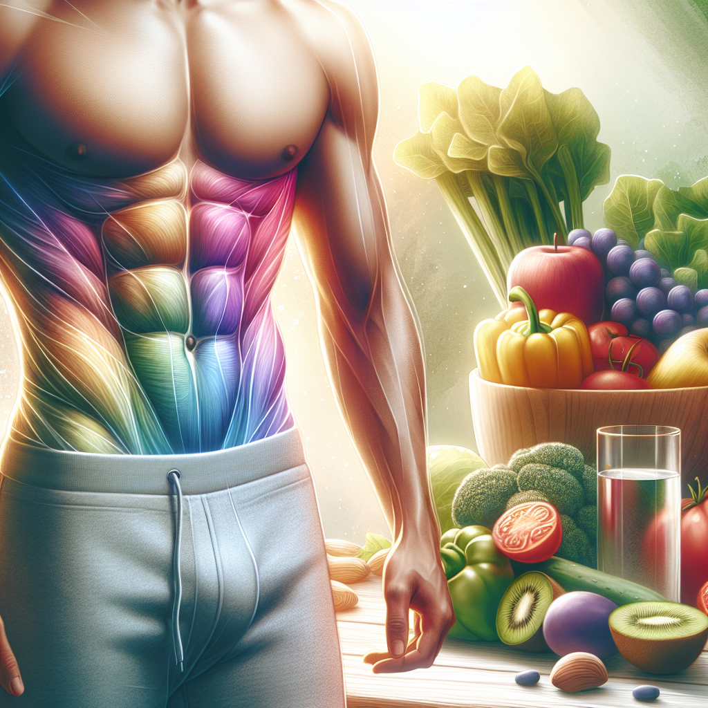 A detailed, vibrant illustration of a fit, healthy person (gender-neutral) confidently standing, subtly highlighting toned abs and strong thighs. Soft, natural light illuminates the scene, and in the background, a tastefully arranged vignette of fresh, colorful vegetables and fruits, alongside a glass of water, hints at a nourishing lifestyle. The overall mood is positive, inspiring, and health-focused, in a clean digital art style.