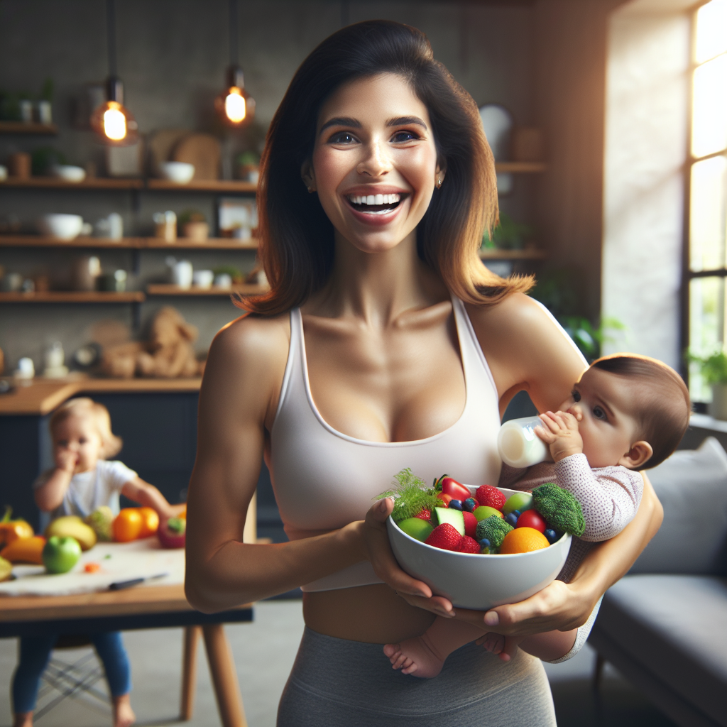 A radiant young mother, looking fit and healthy after pregnancy, stands in a brightly lit modern kitchen, happily holding a bowl of fresh, colorful fruits and vegetables. A content baby is playing in the background, not being breastfed. The scene conveys wellness, balanced nutrition, and the energetic joy of motherhood, with a clean and serene aesthetic. Soft, natural lighting.