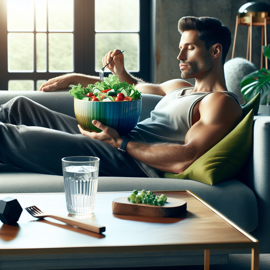 A serene, healthy-looking person relaxing comfortably on a modern sofa, holding a vibrant bowl of fresh salad. A glass of water is on a nearby coffee table. The setting emphasizes ease and well-being, with no exercise equipment visible, representing effective weight loss through mindful eating without physical activity. Clean, bright, and inviting aesthetic.