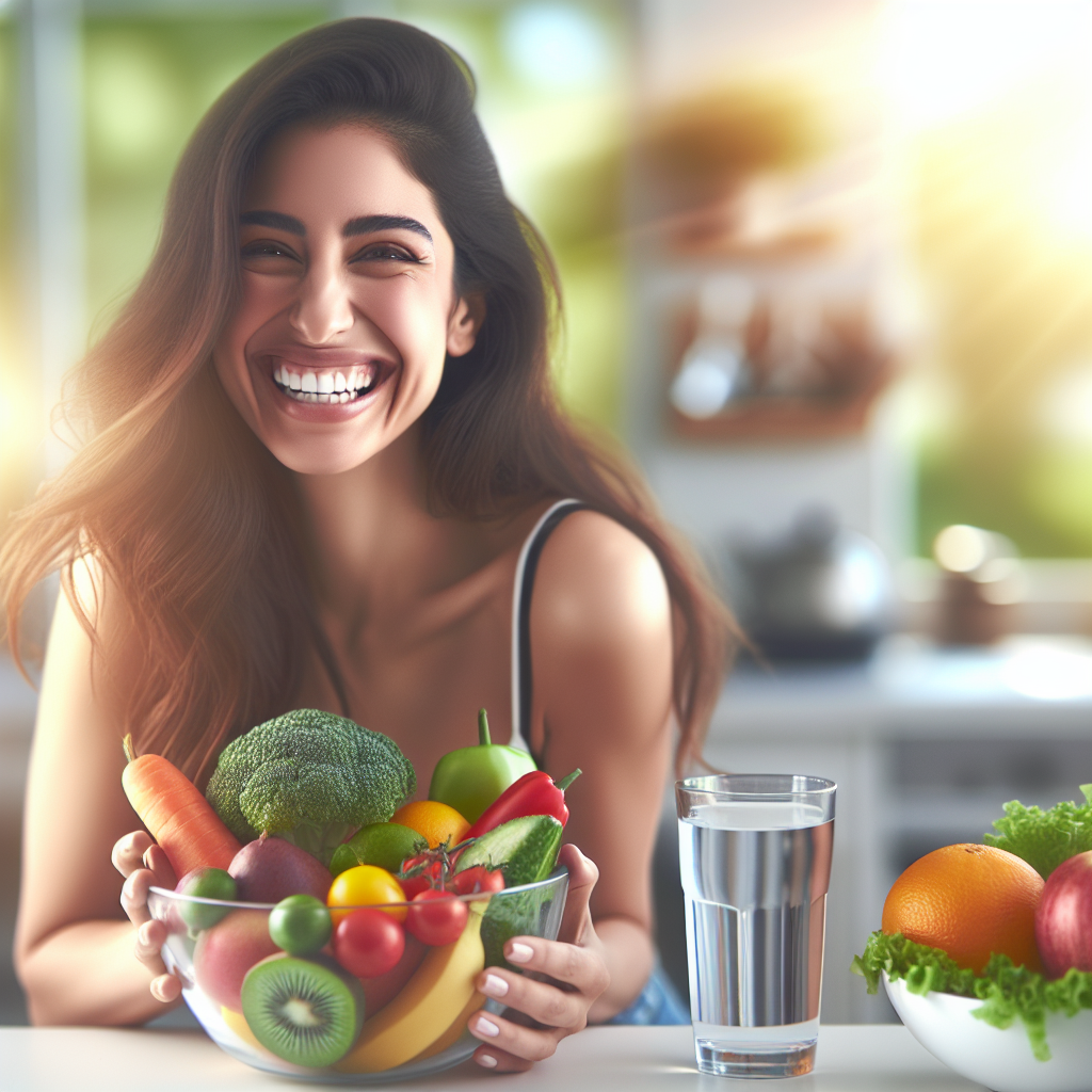 A vibrant and uplifting image of a happy, energetic person enjoying a healthy and balanced lifestyle. They are smiling, perhaps holding a bowl of colorful, fresh fruits and vegetables, with a glass of water nearby. The scene conveys ease and well-being, suggesting weight loss through natural habits rather than strict dieting. Bright, natural lighting, a clean aesthetic, and a subtle background hint of everyday activity or nature (like a park or a sunny kitchen).
