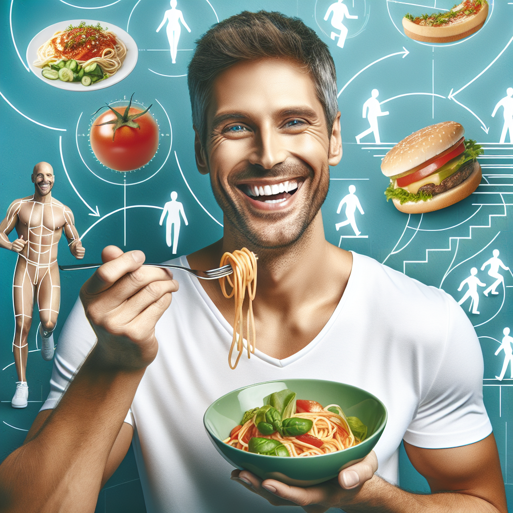 A happy, confident person with a noticeably healthier and leaner silhouette, smiling while casually enjoying a delicious, normal-looking meal like pasta or a burger, without any signs of deprivation. Around them, subtle visual cues illustrate everyday healthy habits such as taking stairs, going for a short walk, or using a slightly smaller plate, all in a bright, encouraging, and modern style, emphasizing effortless weight loss through simple lifestyle adjustments.