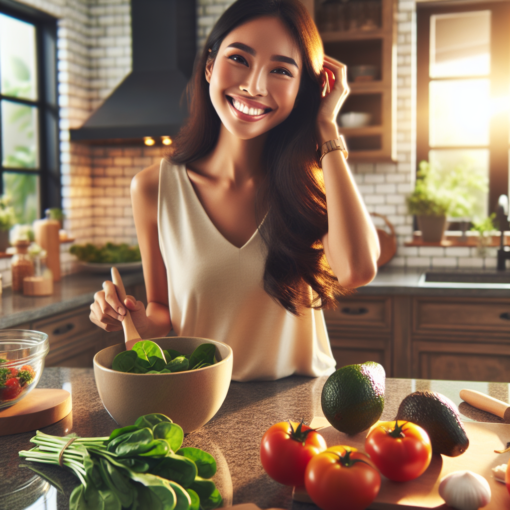 A happy and confident person preparing or enjoying a fresh, healthy homemade meal in a bright, modern kitchen. No gym equipment is visible. Emphasize healthy eating at home as the key to weight loss. Realistic photo, inviting atmosphere, warm lighting.
