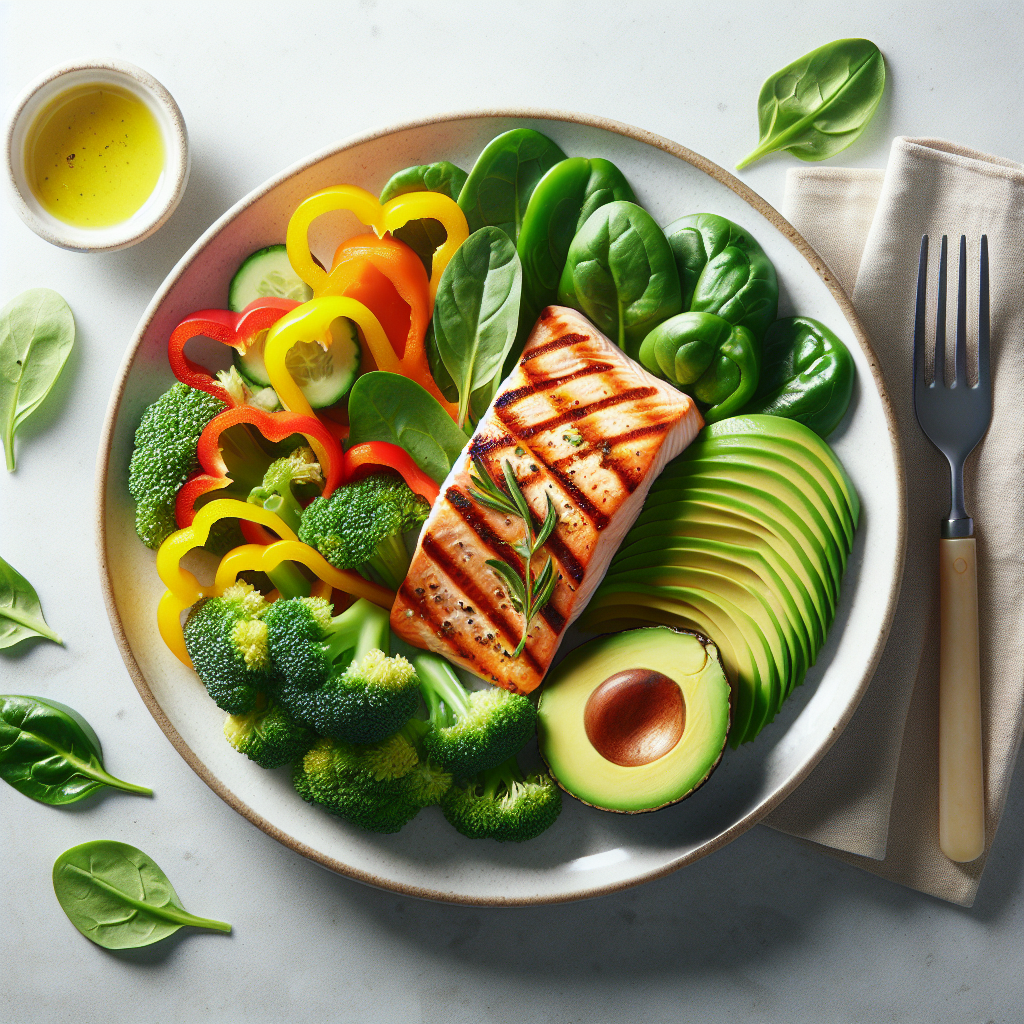 A vibrant, aesthetically pleasing plate of healthy low-carb food, featuring grilled salmon or chicken, a generous portion of colorful fresh vegetables (broccoli, bell peppers, spinach), and sliced avocado. The background is clean and bright, subtly suggesting a sense of lightness and energy, without any traditional high-carb foods like bread or pasta in sight.