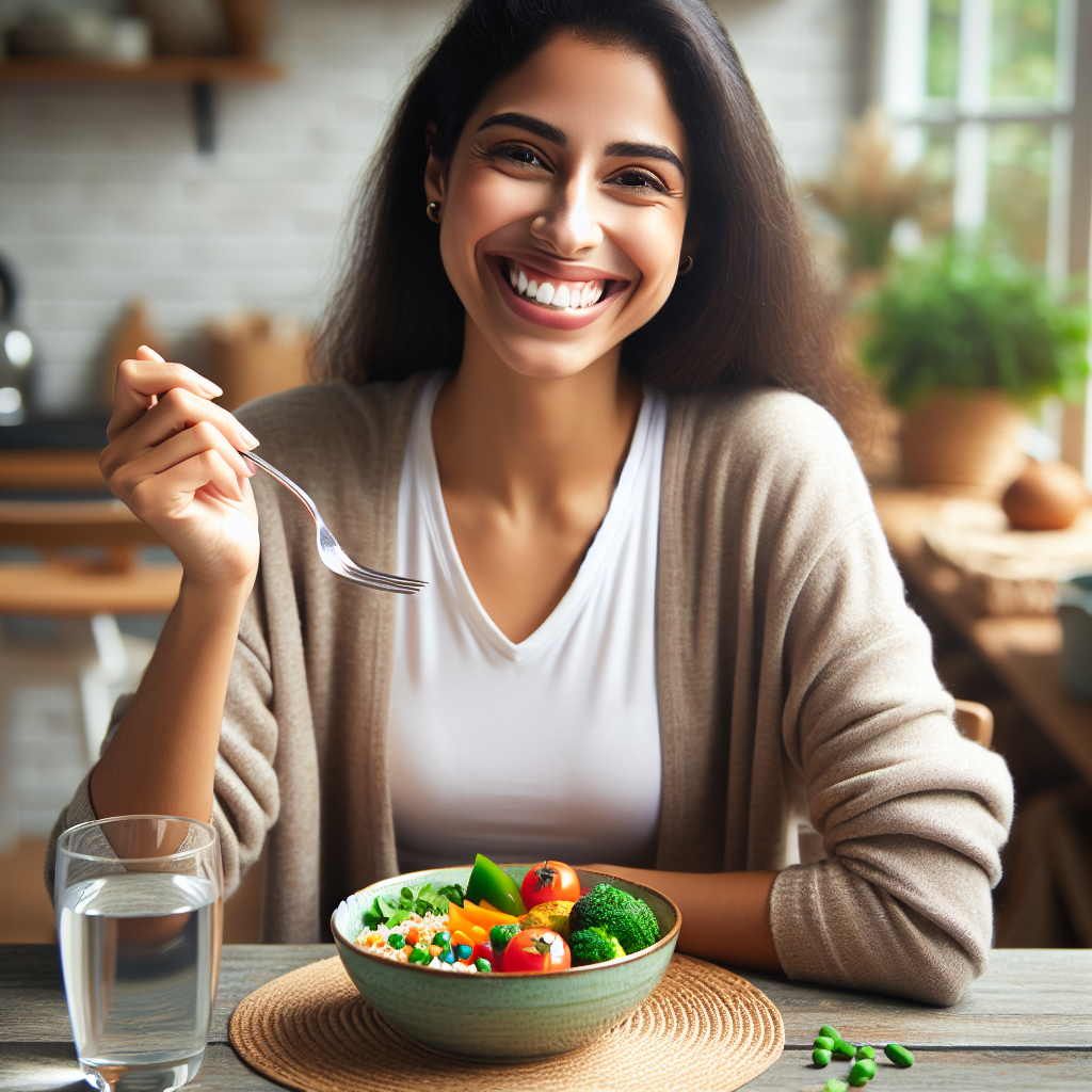 A radiant, healthy-looking person in a comfortable home setting, smiling contentedly while enjoying a delicious and colorful portion-controlled healthy meal at a kitchen table. A glass of water is prominent. There is no sports equipment or gym setting visible, emphasizing effortless weight loss through mindful eating and smart nutrition rather than exercise.