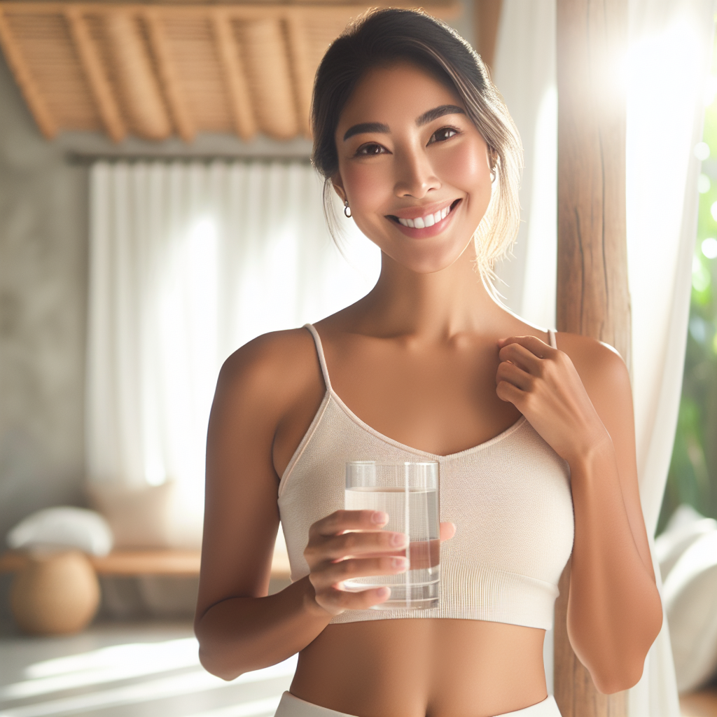 A calm and happy person, looking refreshed and healthy, standing in a bright, airy home environment. They are gently holding a glass of water. The scene emphasizes a feeling of ease, comfort, and effortless well-being, with no gym equipment, workout clothes, or restrictive diet foods visible. The overall mood is peaceful and inspiring, suggesting simple, sustainable lifestyle changes for natural health and lightness. Soft, natural lighting.