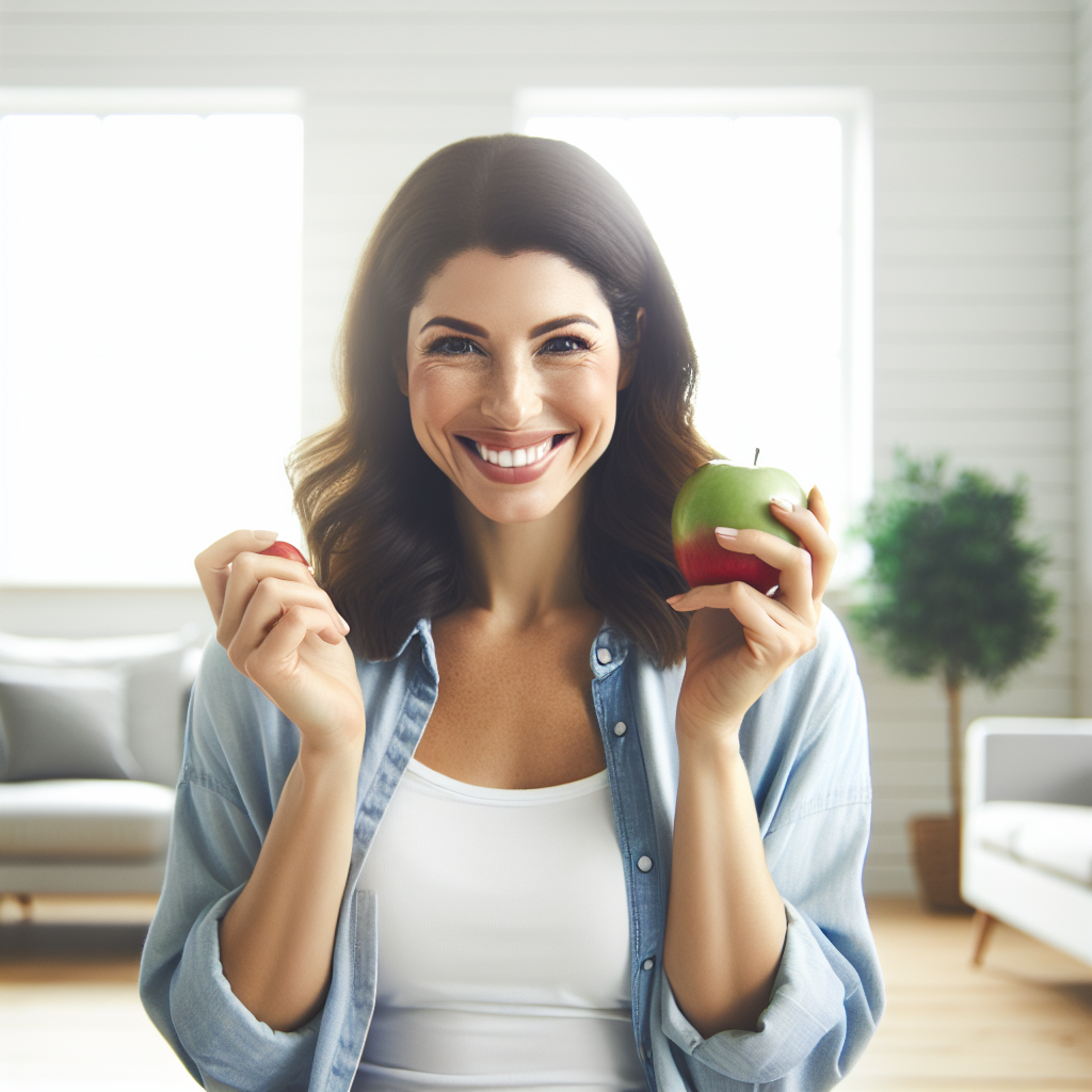 A smiling, confident person with a noticeably slimmer and healthier appearance, casually dressed in a bright, clean home environment. They are relaxed, perhaps enjoying a healthy snack like an apple or a simple meal. There is absolutely no sports equipment or gym setting visible, emphasizing weight loss achieved through effortless lifestyle changes. The scene conveys a sense of ease, effectiveness, and success.