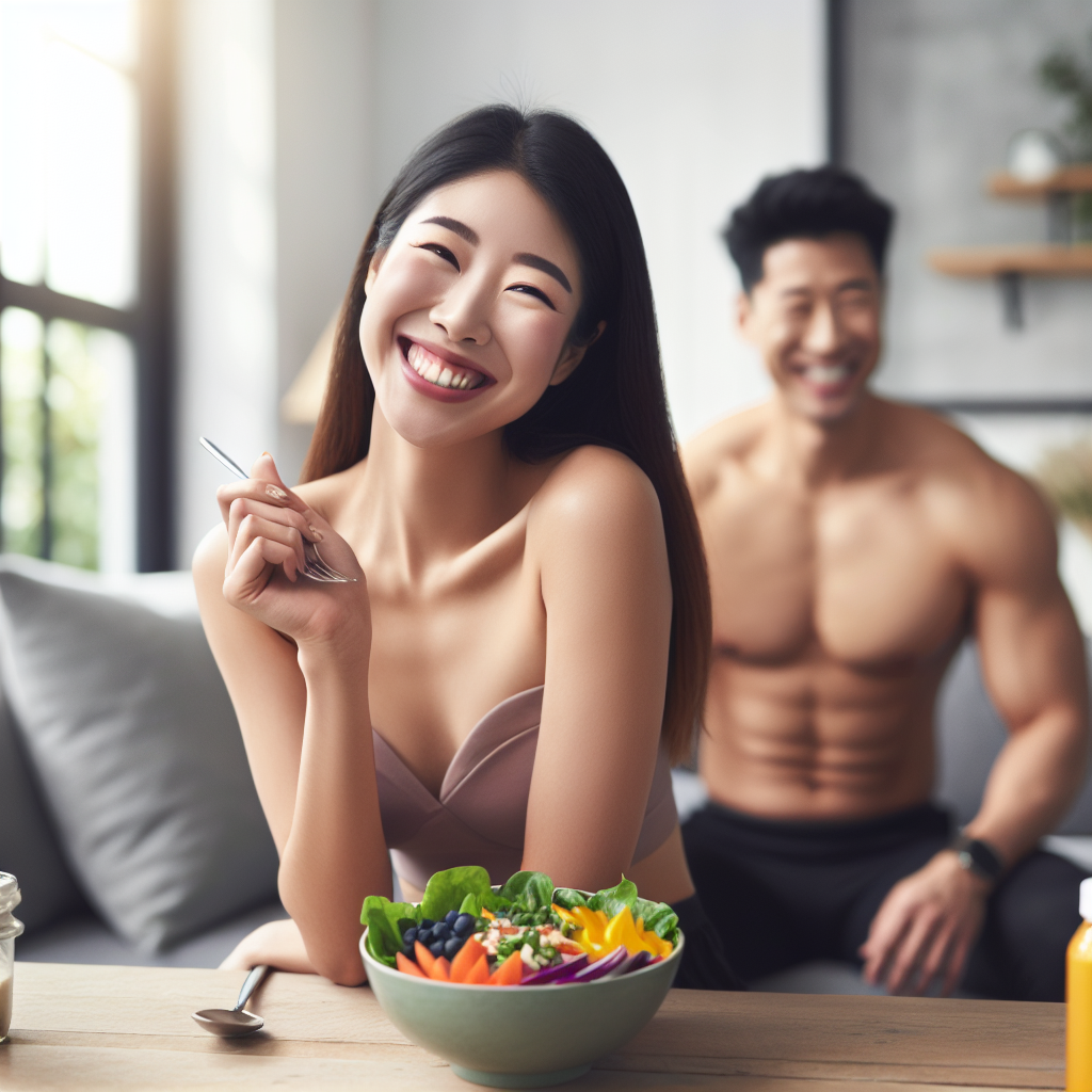 A happy, confident person, subtly appearing slimmer and radiant, enjoying a delicious, fresh, and colorful meal (like a vibrant salad or a wholesome vegetable bowl) in a serene, bright home environment. The image emphasizes natural well-being, ease, and sustainable weight loss through simple lifestyle changes, explicitly excluding any gym equipment, intense workout scenes, or medicine bottles. Focus on a relaxed, achievable atmosphere.