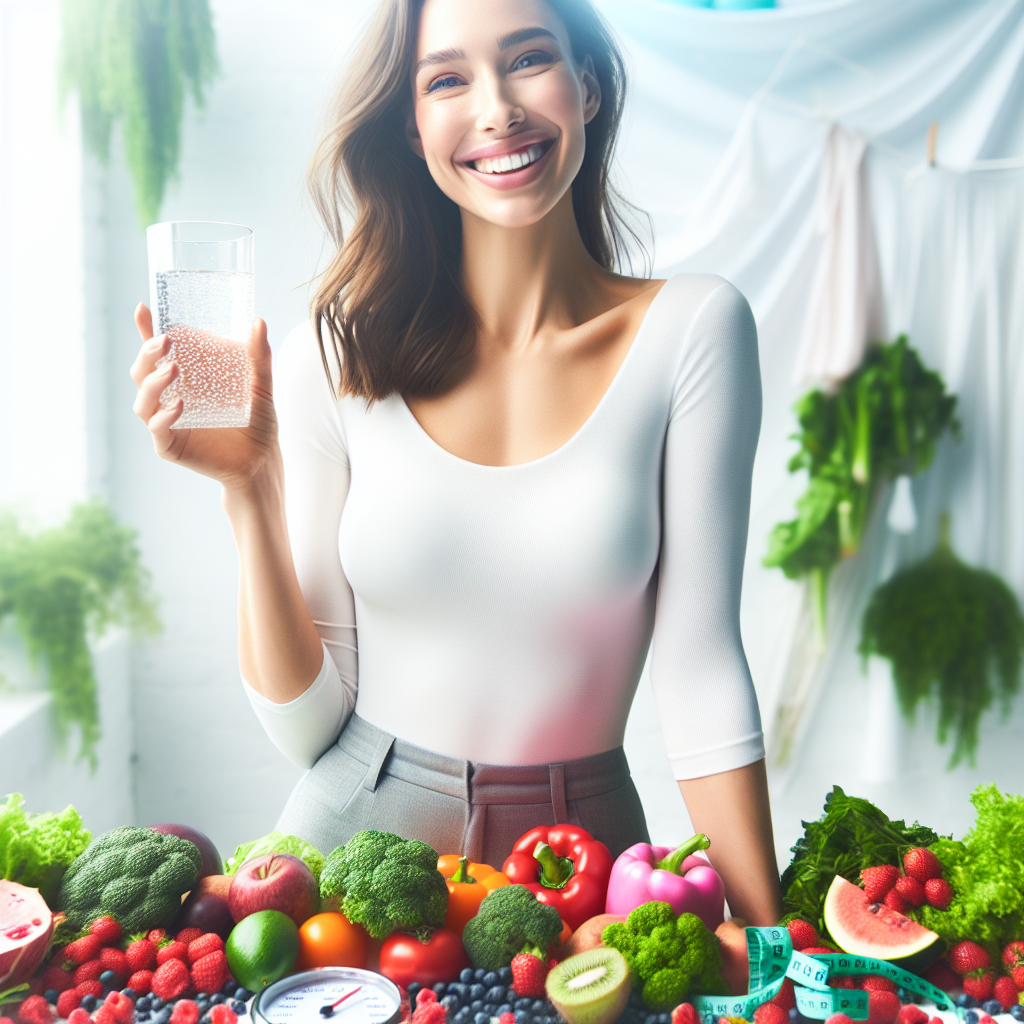 A cheerful and healthy person, possibly a woman, standing confidently amidst an abundance of vibrant, fresh, sugar-free foods like colorful berries, leafy greens, and whole vegetables. A glass of sparkling water is in hand. The background is bright, clean, and minimalist, conveying a sense of energy and lightness. A subtle visual cue for weight loss, such as a loosely draped measuring tape or a fresh scale, can be incorporated in the background. The overall aesthetic is positive, natural, and emphasizes healthy living and sustainable weight loss without added sugar. --ar 16:9