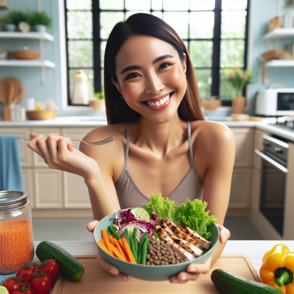 A vibrant, aesthetically pleasing scene of a person with a healthy, confident smile, joyfully eating a generous and colorful plate of nutritious food (like a salad with grilled chicken, lentils, and fresh vegetables) in a bright, inviting kitchen. The person looks fit and happy, exuding energy and well-being, with no hint of deprivation or hunger. The focus is on a sustainable, satisfying lifestyle, not restriction.