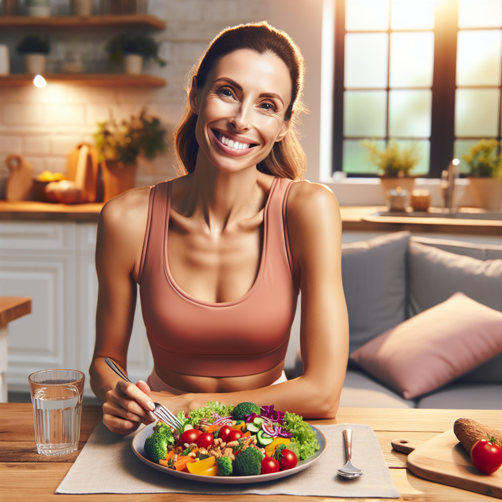 A cheerful and healthy-looking person in their 30s or 40s, with a fit physique, comfortably enjoying a generously portioned, colorful, and delicious healthy meal at a bright kitchen table. The setting emphasizes a relaxed home environment, with no gym equipment or signs of strenuous activity visible. The person's expression is one of deep contentment and satisfaction, symbolizing effortless and sustainable weight loss without hunger or intensive sport. Photo-realistic, inviting, and warm lighting.