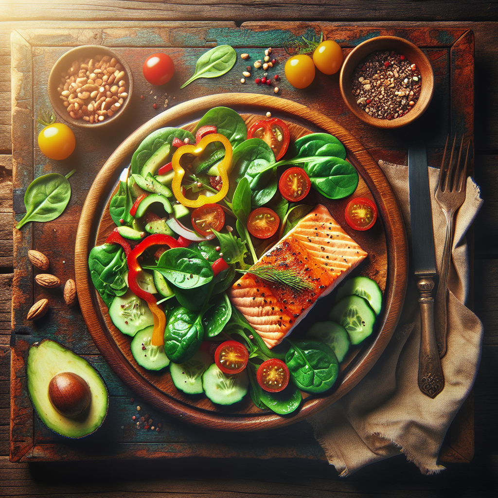 A vibrant, appetizing flat lay of a diverse, healthy meal on a rustic wooden table. The plate features a perfectly grilled salmon fillet, a generous colorful salad with spinach, bell peppers, cherry tomatoes, and cucumber, alongside sliced avocado and a sprinkle of nuts. The overall impression is one of delicious abundance and healthy satiety, symbolizing effective weight loss without hunger. Bright, natural lighting, shot from directly above.