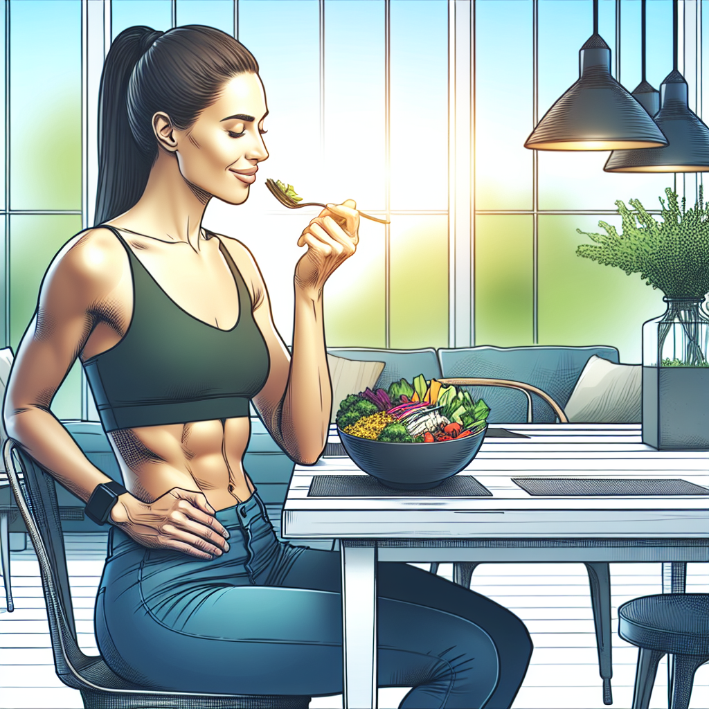 A serene and happy person with a visibly flat stomach is sitting comfortably at a modern kitchen table, enjoying a vibrant, healthy meal like a large salad or a bowl of quinoa and vegetables. There are no sports equipment or gym clothes visible, emphasizing a lifestyle focused on diet and relaxation rather than exercise. Bright, natural lighting, conveying a sense of effortless well-being.