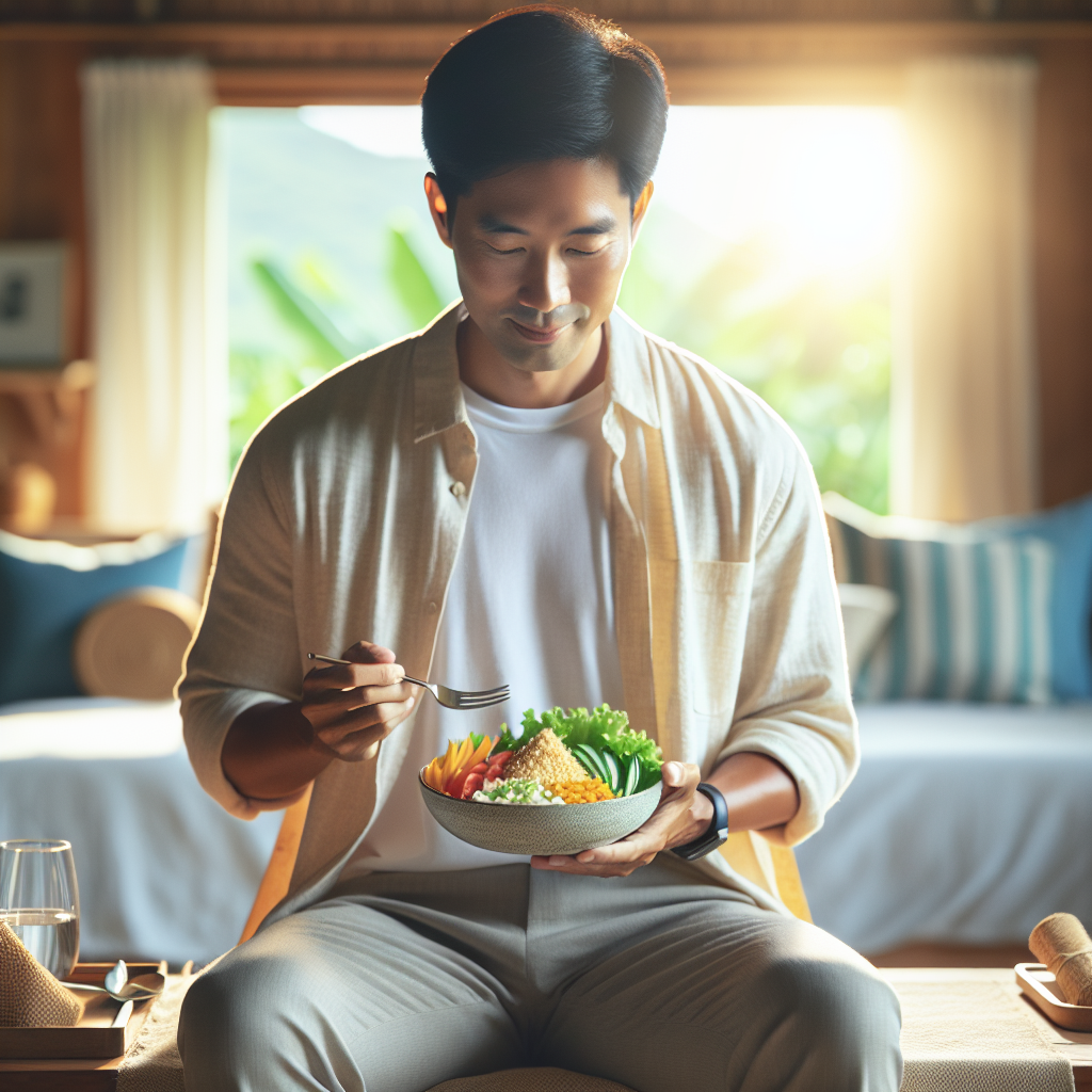 A person with a visibly flatter stomach, wearing comfortable, casual clothing, looking relaxed and content in a bright, peaceful home environment. They are gently holding a plate with a colorful, healthy meal (e.g., fresh salad with lean protein) or a glass of water. There is no gym equipment or workout attire visible anywhere in the scene. The image should convey successful, natural weight loss through diet and lifestyle, emphasizing ease and well-being, rather than strenuous exercise.