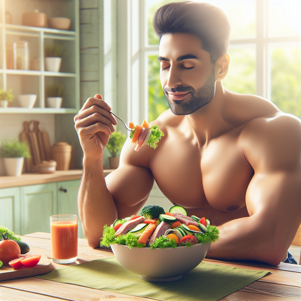 A person looking healthy and content, enjoying a vibrant, large salad full of fresh vegetables and some lean protein, at a sunny kitchen table. No sports equipment or gym environment. The scene emphasizes healthy eating and a relaxed lifestyle, with soft, natural light, conveying a sense of ease and well-being. Digital art.