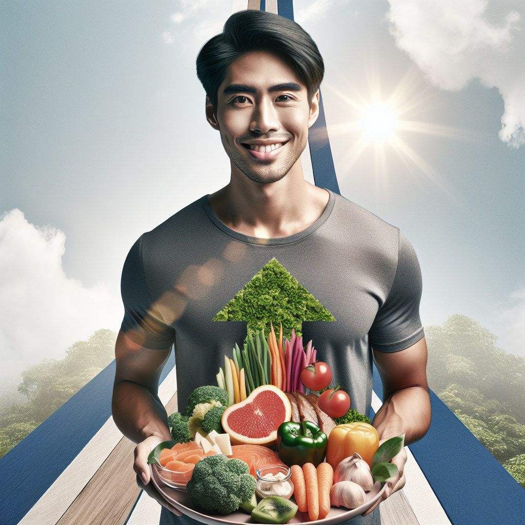 A vibrant, empowering image of a person smiling confidently, holding a plate filled with colorful, healthy food (like fresh vegetables, fruits, and lean protein). The background subtly illustrates a stable, upward path or a calm, balanced journey, symbolizing sustainable weight loss and avoiding the 'yo-yo' effect. The overall atmosphere is bright, hopeful, and energetic, emphasizing well-being and long-term health, not struggle. Realistic, professional photography style.